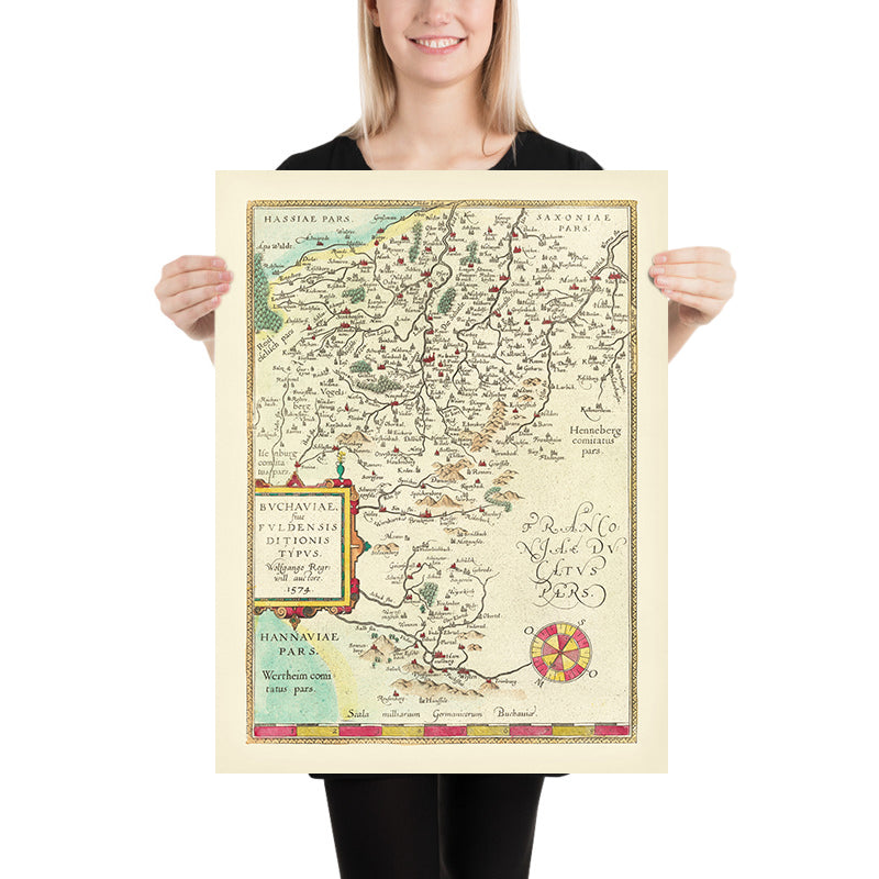 Mapa antiguo de Hesse de Ortelius, 1574: Fulda, Würzburg, ríos, montañas, cartuchos