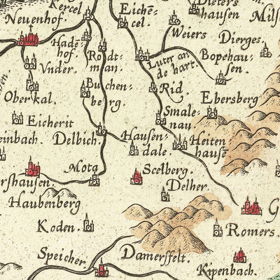 Alte Karte von Hessen von Ortelius, 1574: Fulda, Würzburg, Flüsse, Berge, Kartusche