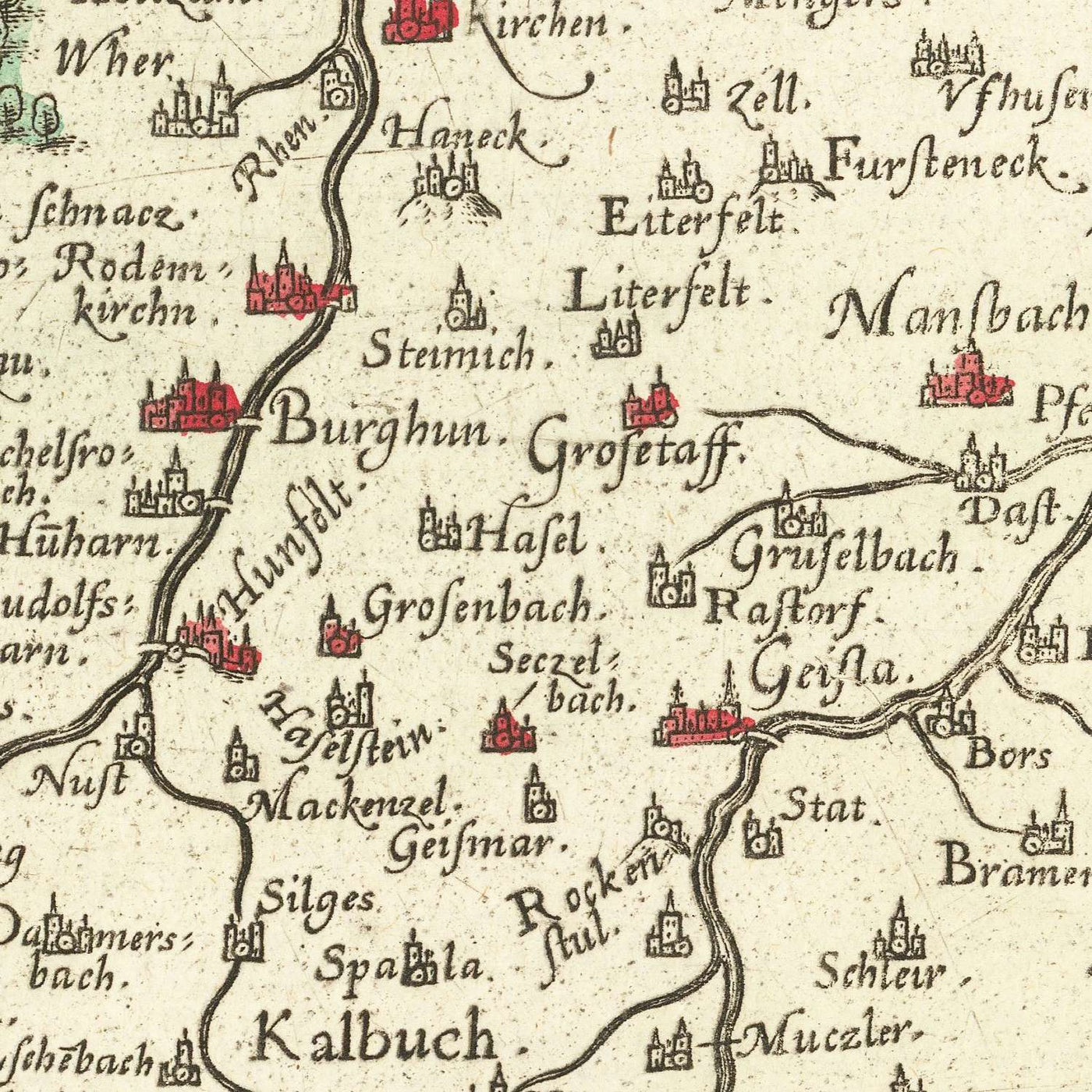 Old Map of Hesse by Ortelius, 1574: Fulda, Würzburg, Rivers, Mountains, Cartouche