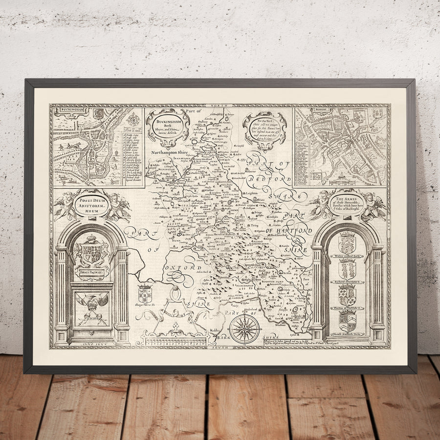Mappa monocromatica antica del Buckinghamshire nel 1611 di John Speed - High Wycombe, Amersham, Buckingham, Milton Keynes 
