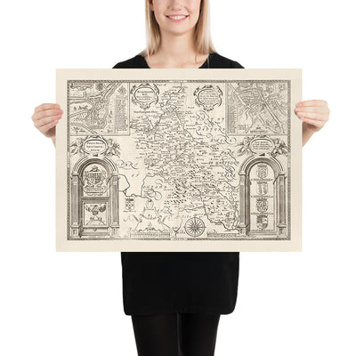 Mapa monocromático viejo de Buckinghamshire en 1611 por John Speed ​​- High Wycombe, Amersham, Buckingham, Milton Keynes