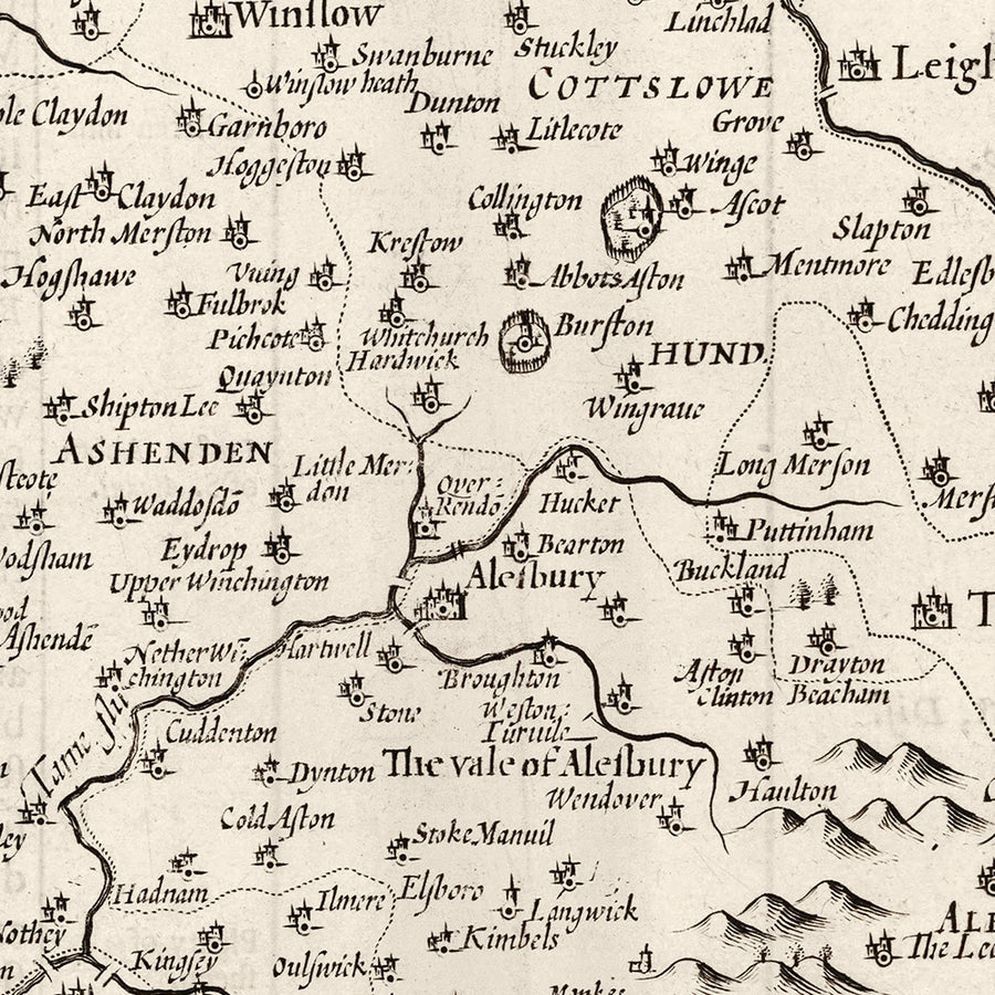Mappa monocromatica antica del Buckinghamshire nel 1611 di John Speed - High Wycombe, Amersham, Buckingham, Milton Keynes 