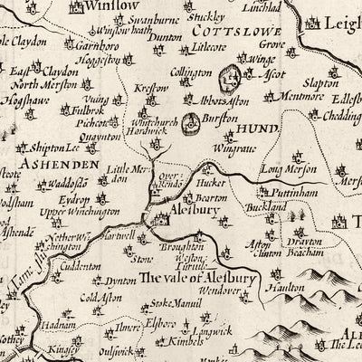 Mapa monocromático viejo de Buckinghamshire en 1611 por John Speed ​​- High Wycombe, Amersham, Buckingham, Milton Keynes