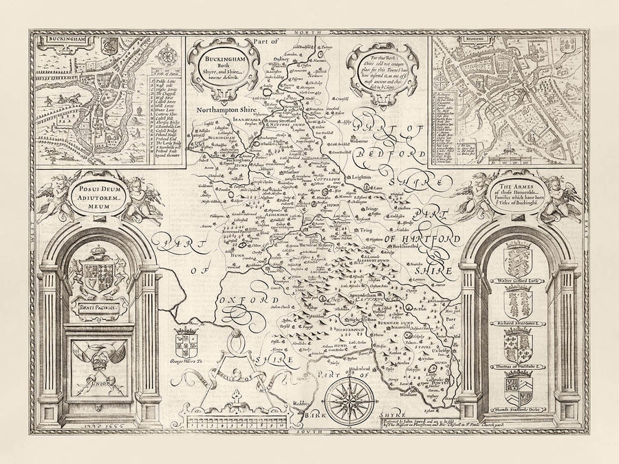 Mappa monocromatica antica del Buckinghamshire nel 1611 di John Speed - High Wycombe, Amersham, Buckingham, Milton Keynes 