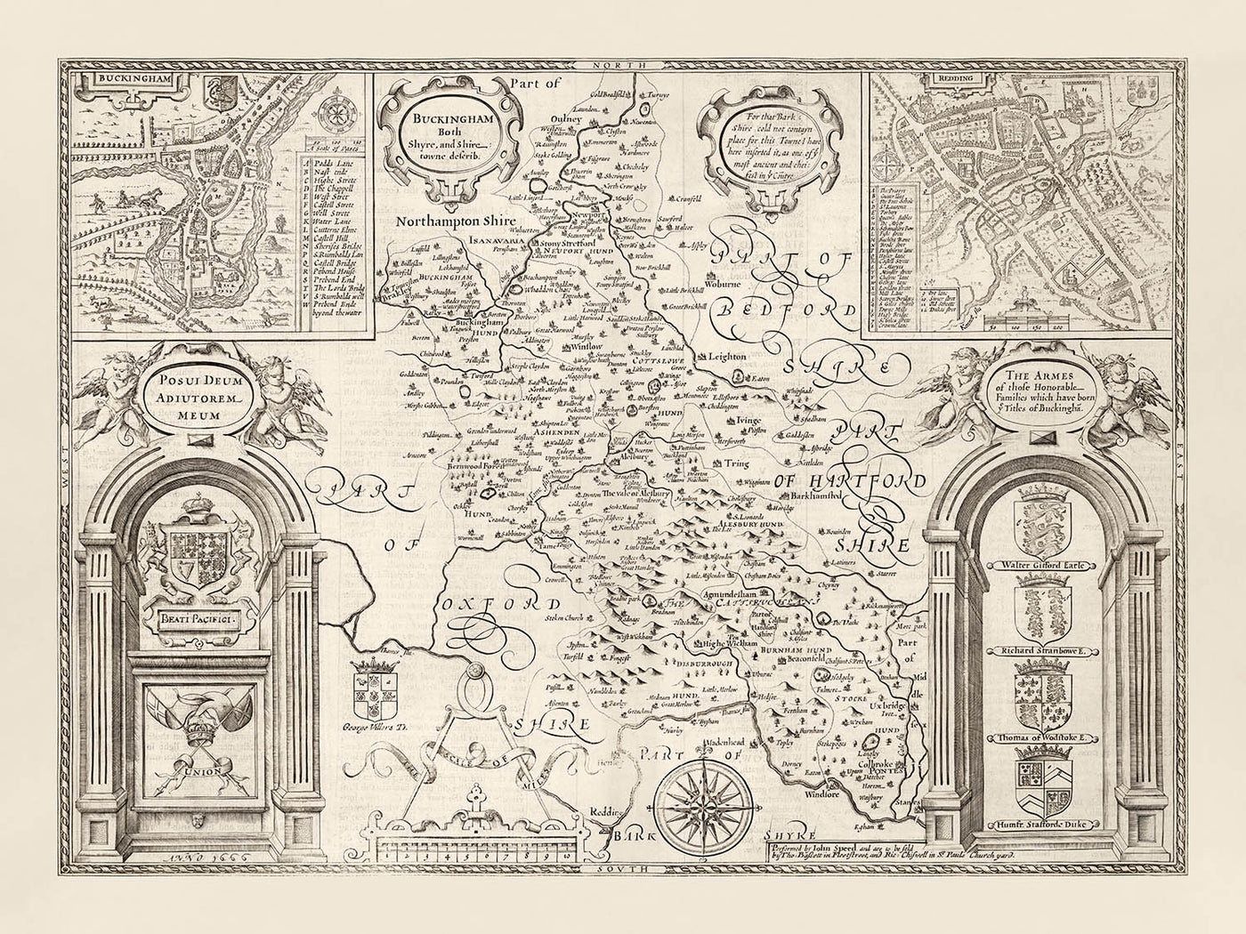 Mapa monocromático viejo de Buckinghamshire en 1611 por John Speed ​​- High Wycombe, Amersham, Buckingham, Milton Keynes