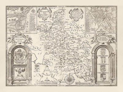 Mapa monocromático viejo de Buckinghamshire en 1611 por John Speed ​​- High Wycombe, Amersham, Buckingham, Milton Keynes