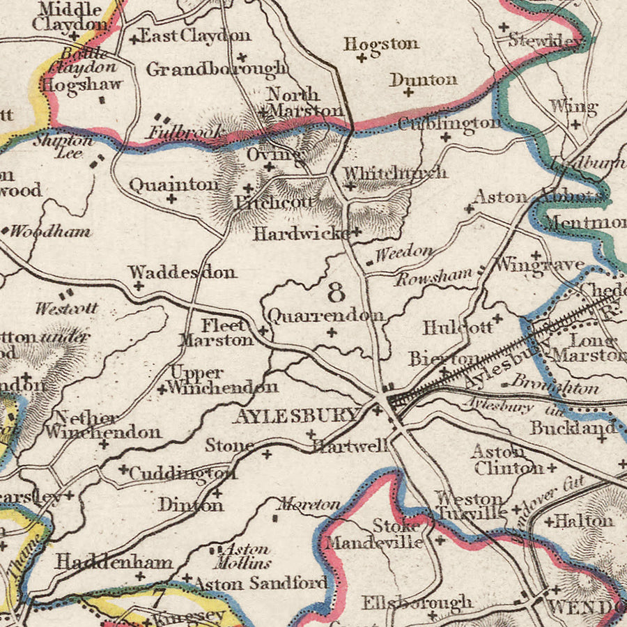 Mappa antica del Buckinghamshire di Samuel Lewis, 1844: Aylesbury, High Wycombe, Milton Keynes, Marlow, Amersham, Chesham 
