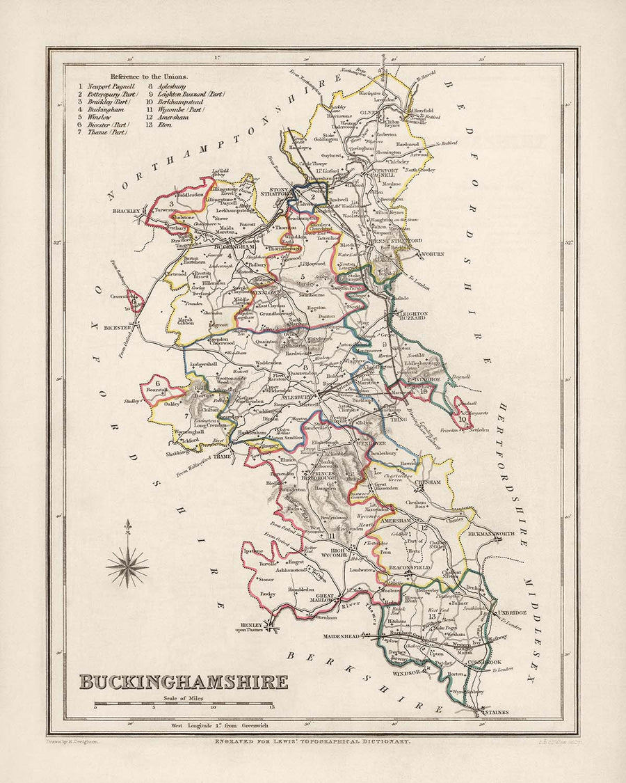 Mappa antica del Buckinghamshire di Samuel Lewis, 1844: Aylesbury, High Wycombe, Milton Keynes, Marlow, Amersham, Chesham 