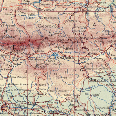 Alte Karte von Bulgarien vom Topografischen Dienst der polnischen Armee, 1967: Sofia, detaillierte politische und physische Darstellung, Berge, Flüsse und Ebenen