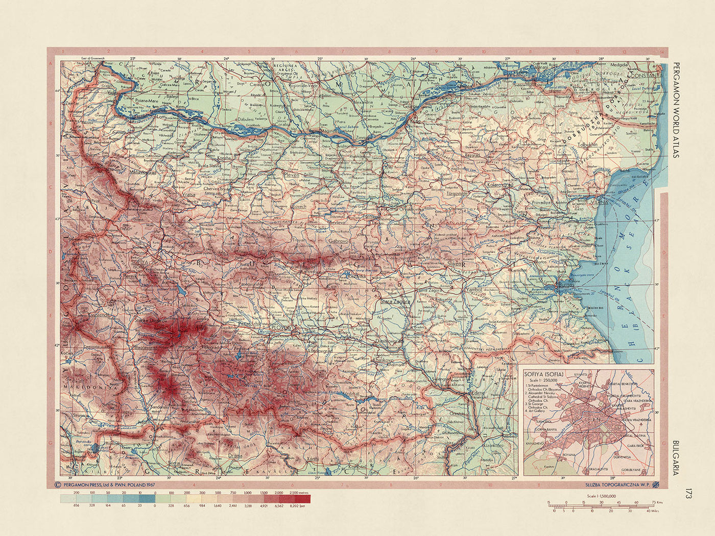 Ancienne carte de la Bulgarie réalisée par le service topographique de l'armée polonaise, 1967 : Sofia, représentation politique et physique détaillée, montagnes, rivières et plaines