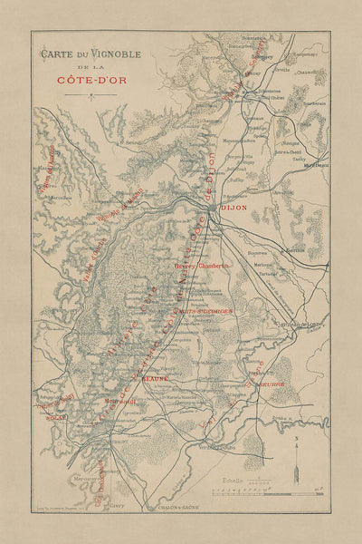 Mapa antiguo de Borgoña de Jouffroy, 1895: Dijon, Beaune, viñedos, río Saona, ferrocarriles
