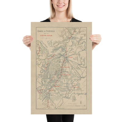 Mapa antiguo de Borgoña de Jouffroy, 1895: Dijon, Beaune, viñedos, río Saona, ferrocarriles