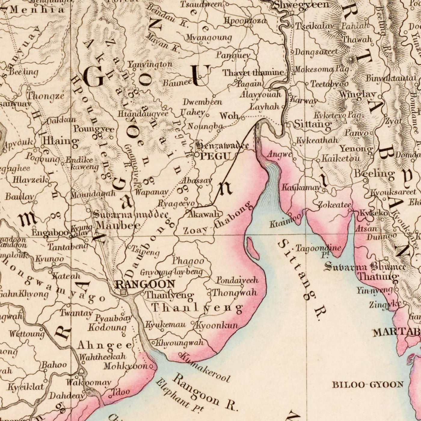 Ancienne carte du Myanmar par Arrowsmith, 1857 : Irrawaddy, Salween, Yangon, Mandalay, montagnes d'Arakan