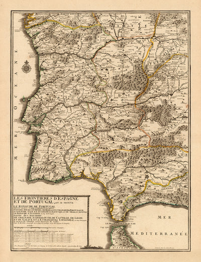 Old Map of Algarve & Gibraltar in 1742 by Nicolas de Fer - Cadiz, Malaga, Sevilla, Marbella, Lisbon, Portugal, Spain