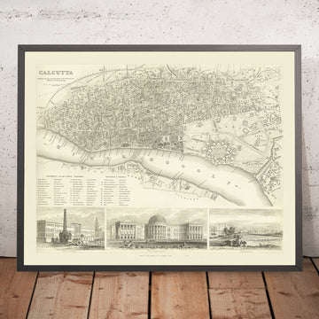 Alte Karte von Kalkutta (Kolkata), 1840: Fort William, Regierungshaus, Esplanade Row, Maidan, Howrah-Brücke 