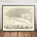 Alte Karte von Kalkutta (Kolkata), 1840: Fort William, Regierungshaus, Esplanade Row, Maidan, Howrah-Brücke 