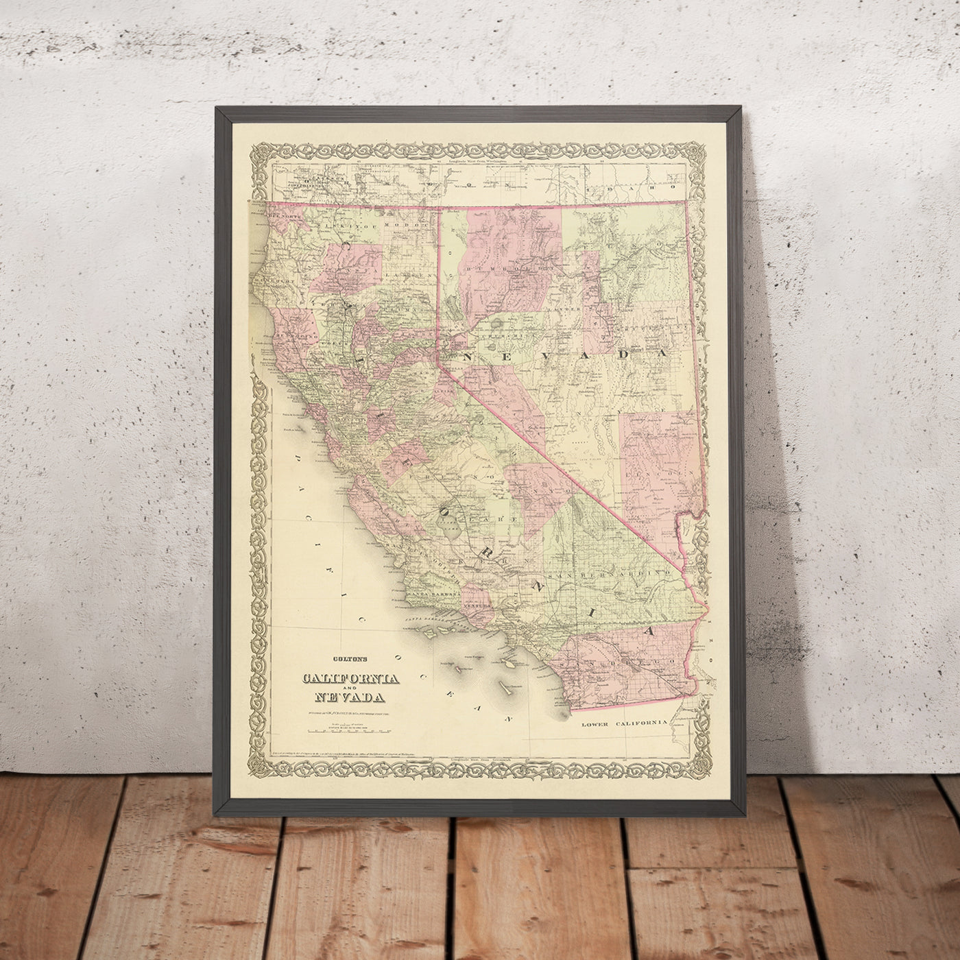 Alte Karte von Kalifornien und Nevada von JH Colton, 1875: San Francisco, Sacramento, Los Angeles, Carson City und Virginia City