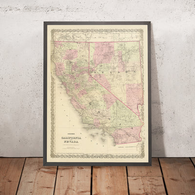 Ancienne carte de la Californie et du Nevada par JH Colton, 1875 : San Francisco, Sacramento, Los Angeles, Carson City et Virginia City