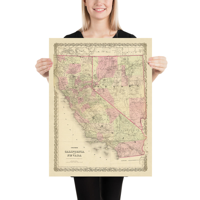 Mapa antiguo de California y Nevada por JH Colton, 1875: San Francisco, Sacramento, Los Ángeles, Carson City y Virginia City