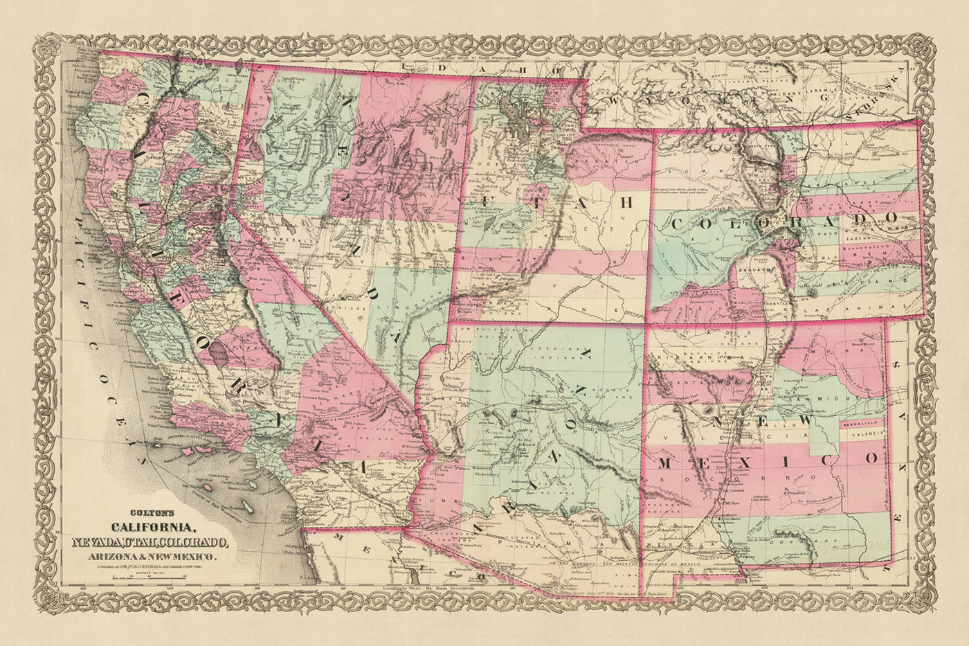 Ancienne carte de l'ouest des États-Unis par JH Colton, 1871 : San Francisco, Salt Lake City, Denver, Tucson et Santa Fe