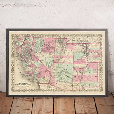 Ancienne carte de l'ouest des États-Unis par JH Colton, 1871 : San Francisco, Salt Lake City, Denver, Tucson et Santa Fe