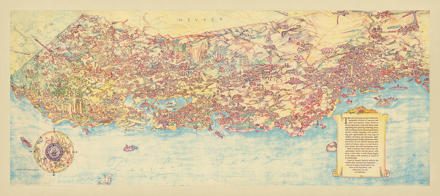 Alte Bildkarte von Kalifornien von De Foy, 1938: Los Angeles, San Francisco, Redwood-Bäume, Weinberge, China Clipper