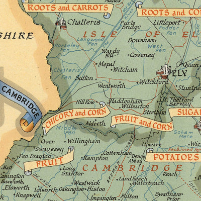 Mapa ilustrado antiguo de Cambridgeshire, realizado por Clegg, 1947: Cambridge, Ely, Segunda Guerra Mundial, King's College, See of Ely