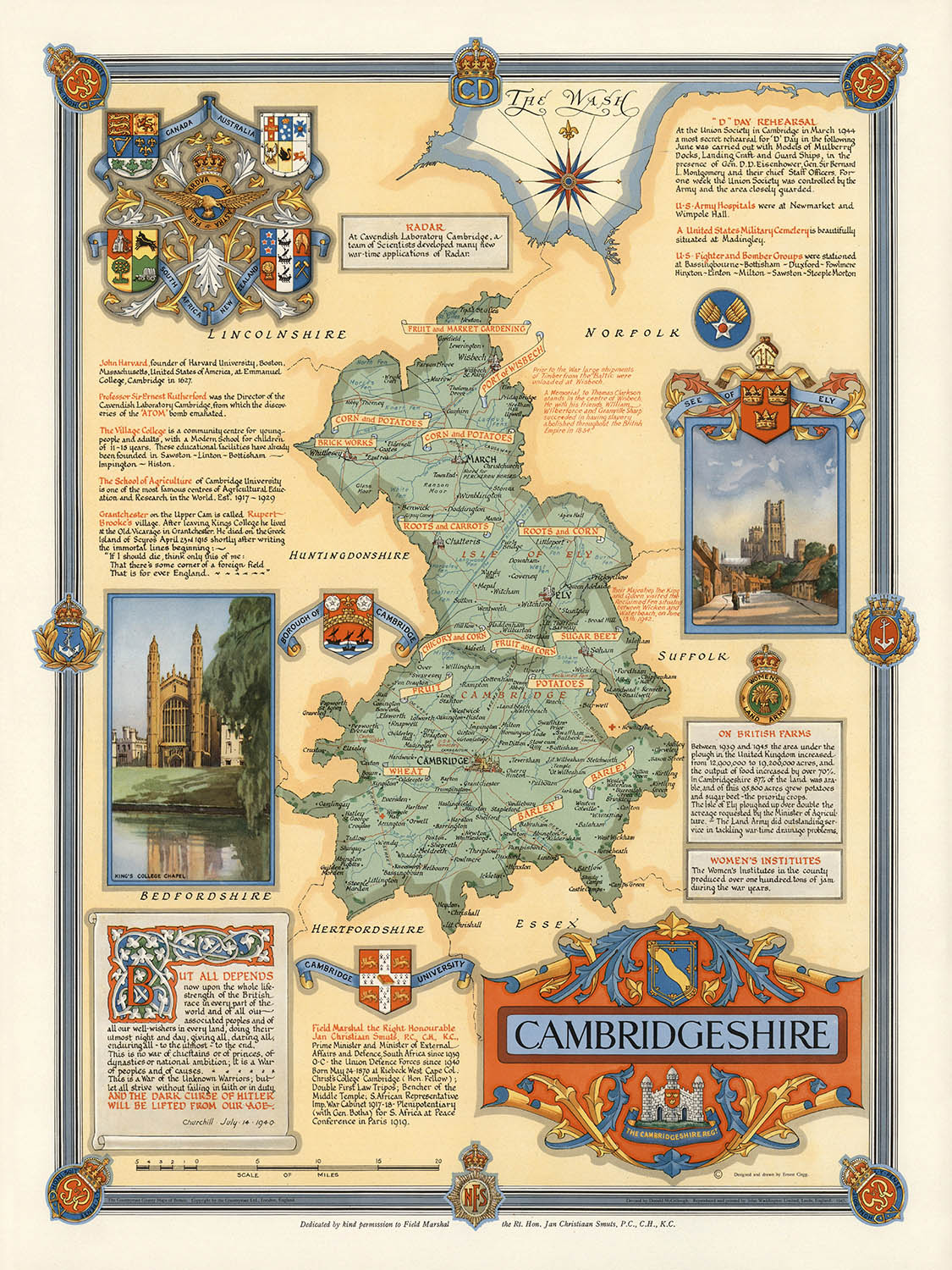 Old Pictorial Map of Cambridgeshire by Clegg, 1947: Cambridge, Ely, WWII, King's College, See of Ely