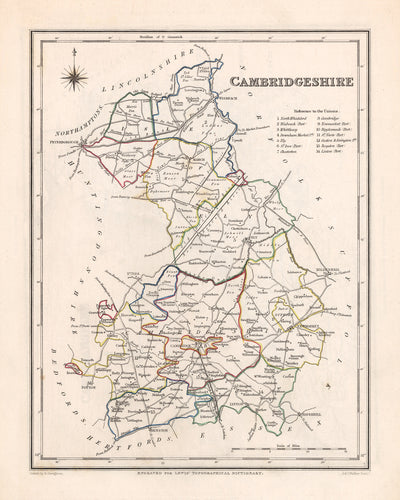 Mapa antiguo de Cambridgeshire de Samuel Lewis, 1844: Ely, Wisbech, Huntingdon, St Ives y March