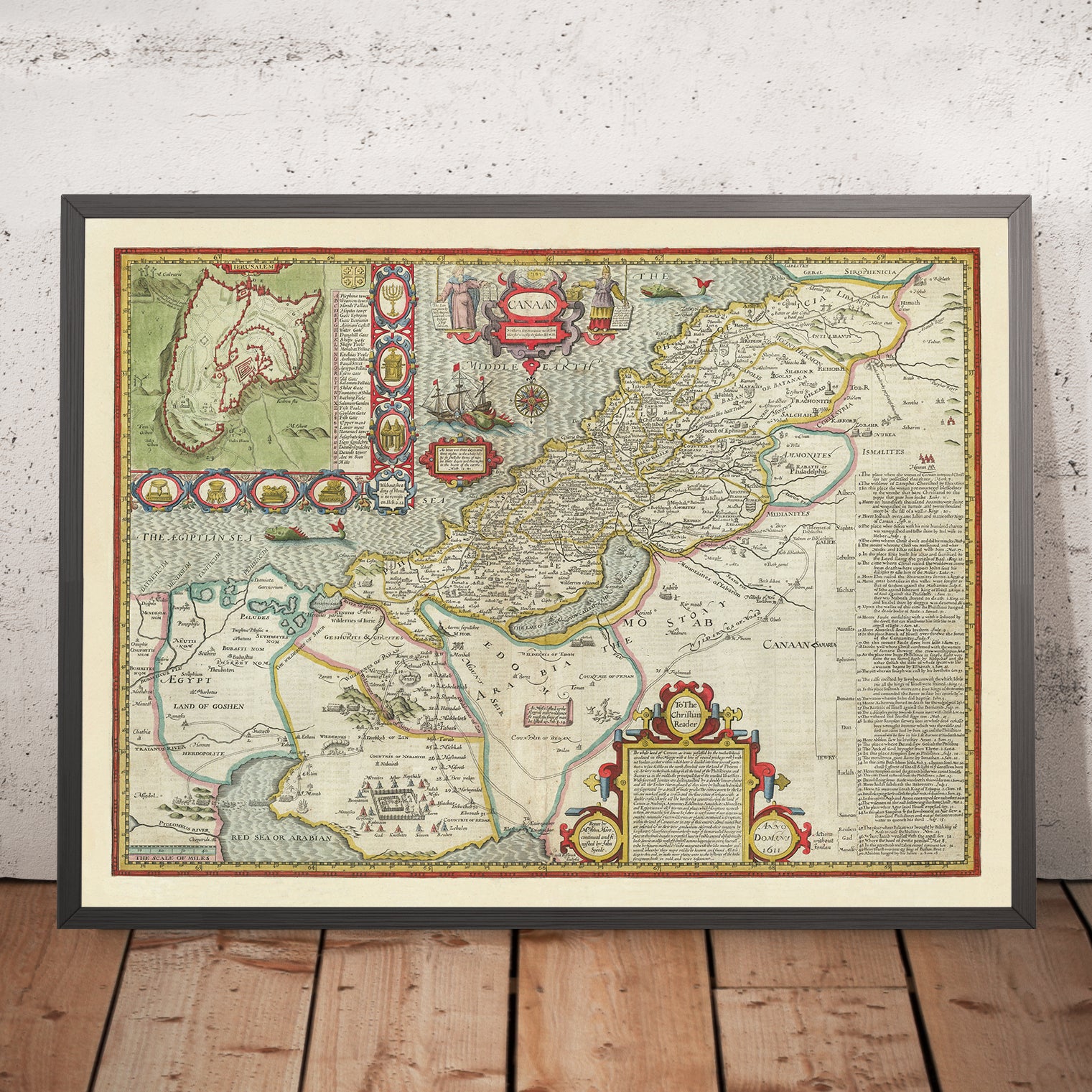 Old Map Of Canaan (holy Land) By John Speed, 1611: Jerusalem, Bethlehe 