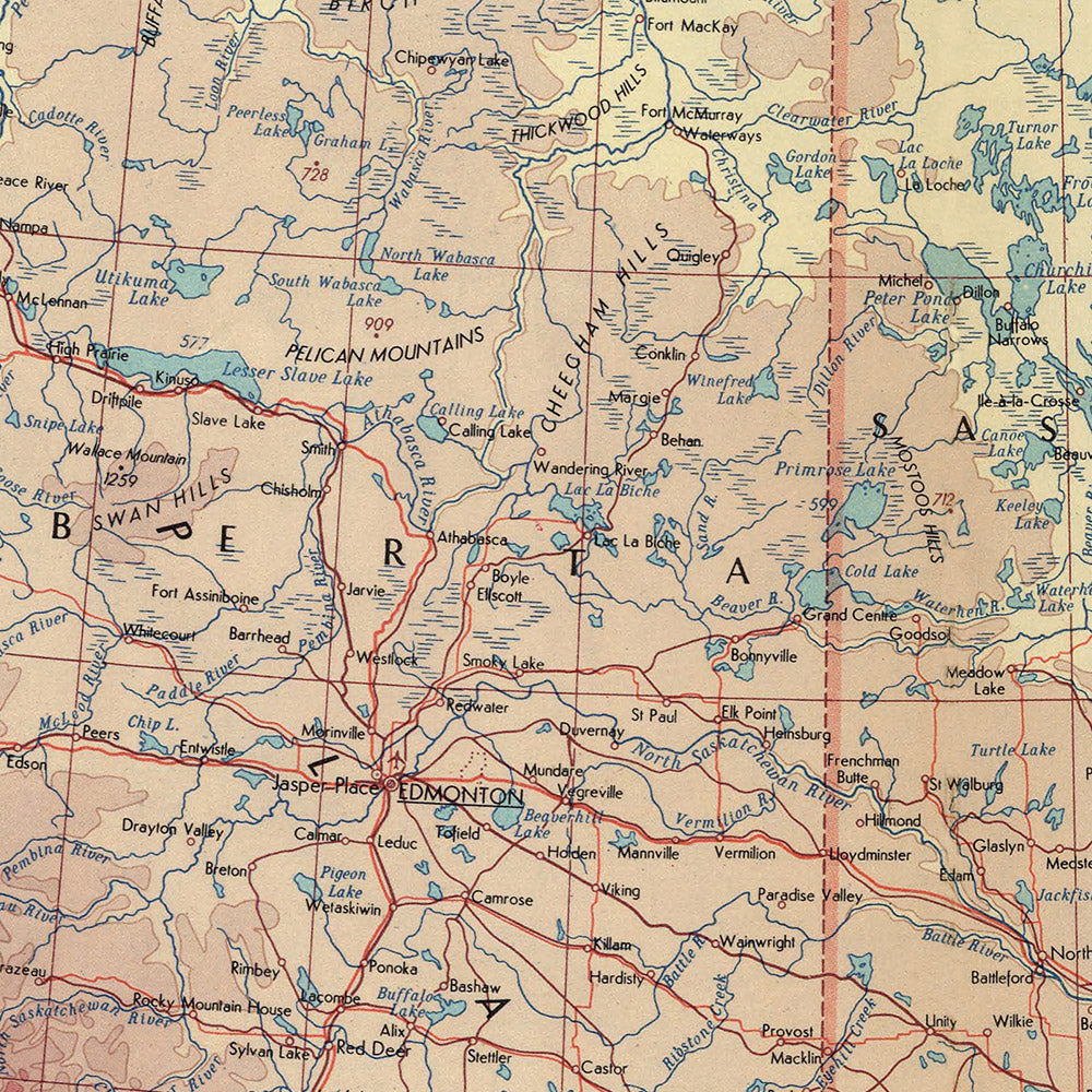 Mapa antiguo de Canadá, Servicio de Topografía del Ejército Polaco, 1967: Edmonton, Calgary, Vancouver, Winnipeg, Montañas Rocosas