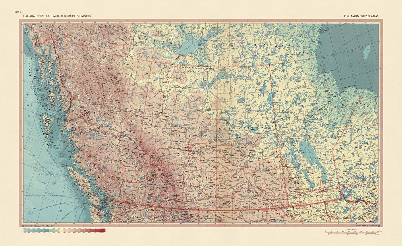 Alte Karte von Kanada, Topographiedienst der polnischen Armee, 1967: Edmonton, Calgary, Vancouver, Winnipeg, Rocky Mountains