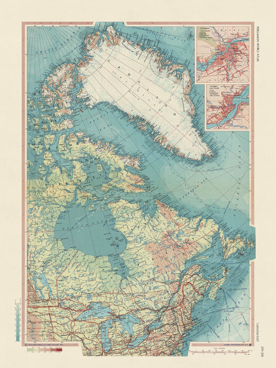 Old Map of Eastern Canada, 1967: Ontario, Greenland, Newfoundland, Labrador, Detailed Political & Physical Atlas