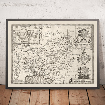 Old monochrome Carte of Carmarthenshire Wales, 1611 par John Speed ​​- Carmarthen, Llanelli, Llandovery, Ammanford