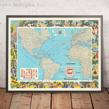 Mappa antica della Compagnie Generale Transatlantique di Blondel La Rougery, 1970: Rotte marittime, navi 