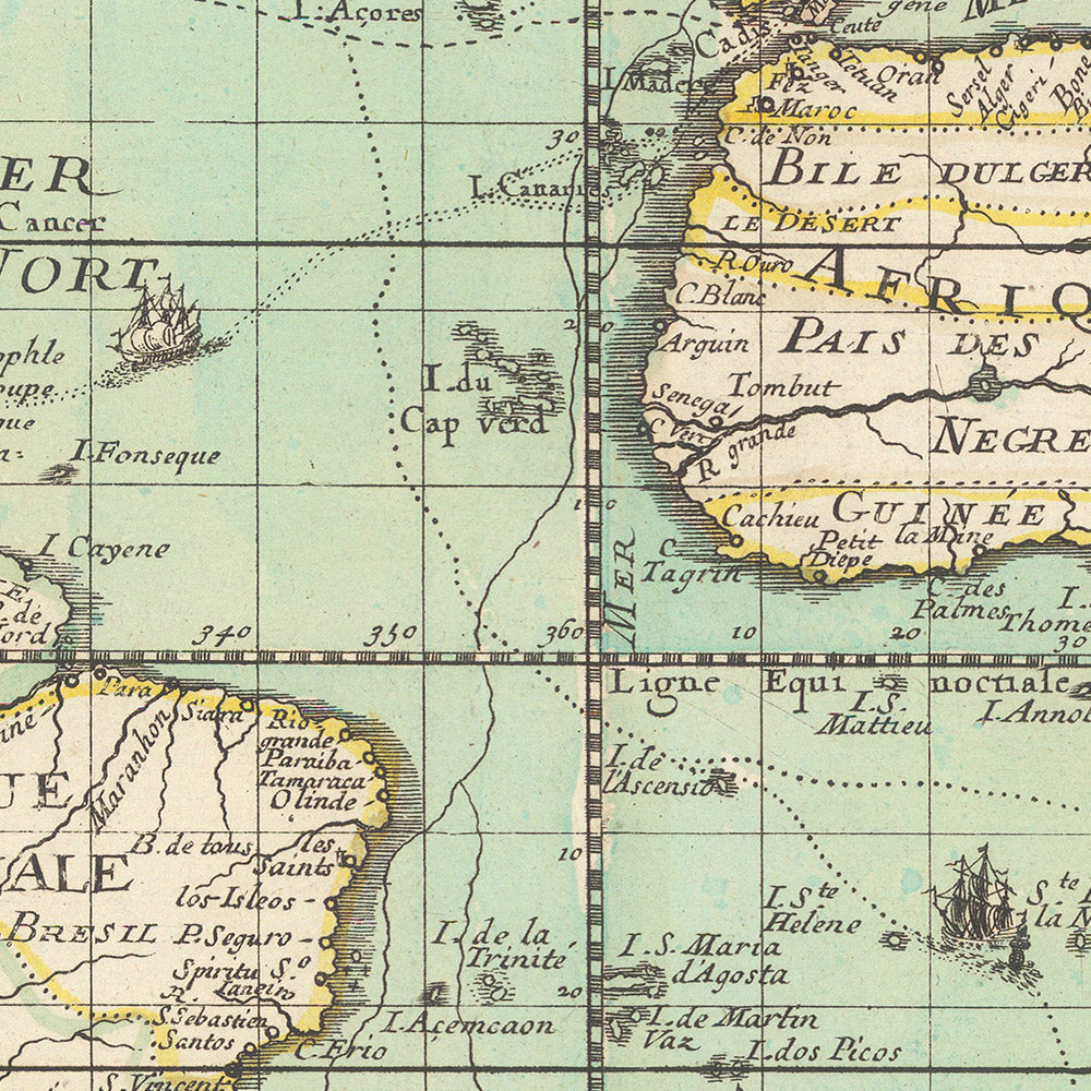 Carte du vieux monde, navigation et commerce, par Du Val, 1677 : la Californie comme île, l'Antarctique mythique, les routes commerciales