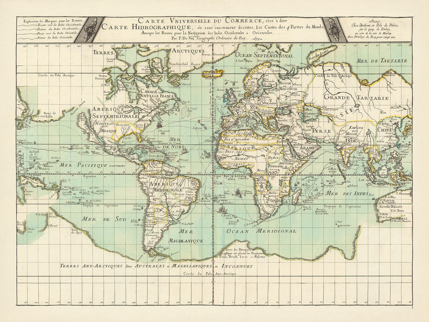 Alte Weltkarte Versand & Handel von Du Val, 1677: Westindien & Ostindien, Insel Kalifornien, mythisches Antarktis, 