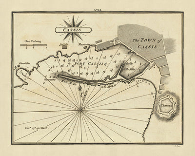 Carta náutica antigua de Cassis de Heather, 1802: puerto, fuerte, hornos de cal
