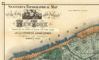 Old Map of Manhattan's Sewers and Waterways in 1865 by Ferdinand Mayer & Co - Hudson River, East River, Blackwells Island, NYC, Central Park