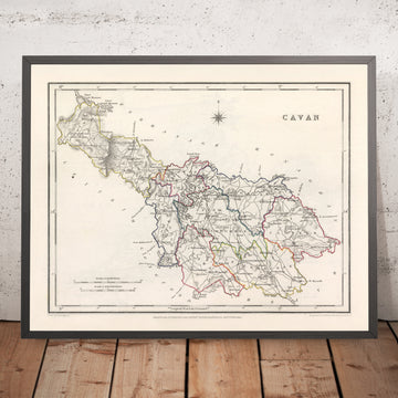 Mappa antica della Contea di Cavan di Samuel Lewis, 1844: Belturbet, Cootehill, Bailieborough, Virginia e altro 
