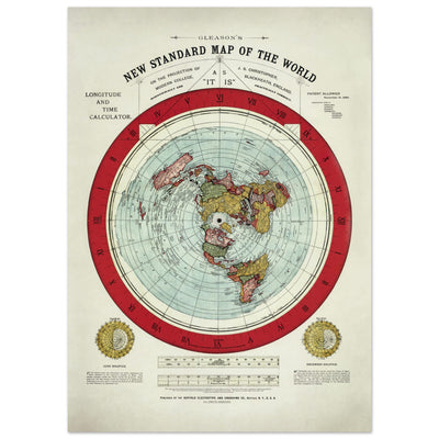 Old Flat Earth World Map, 1892, by Alexander Gleason - Rare Patented Polar Azimuthal Projection