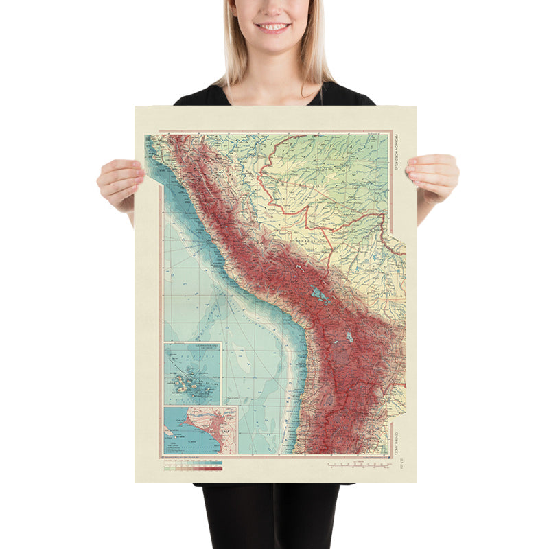 Ancienne carte des Andes centrales, 1967 : Andes centrales, îles Galápagos, Lima, Pérou 