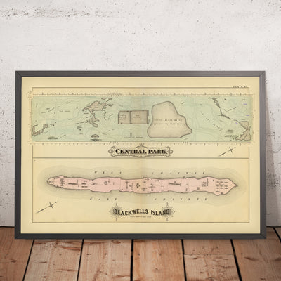 Mapa antiguo de la ciudad de Nueva York de Bromley, 1879: Central Park, Blackwells Island, el lago, el estanque, Harlem Meer