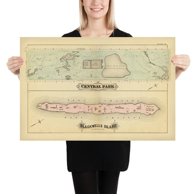 Old Map of Central Park & Blackwells Island, NYC by Bromley, 1879: The Lake, The Pond, Harlem Meer