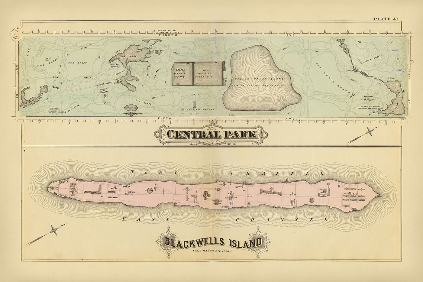 Old Map of Central Park & Blackwells Island, NYC by Bromley, 1879: The Lake, The Pond, Harlem Meer