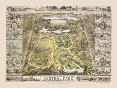 Old Map of Central Park, NYC by Bachmann, 1863: Bethesda Fountain, Sheep Meadow, The Ramble, Cherry Hill