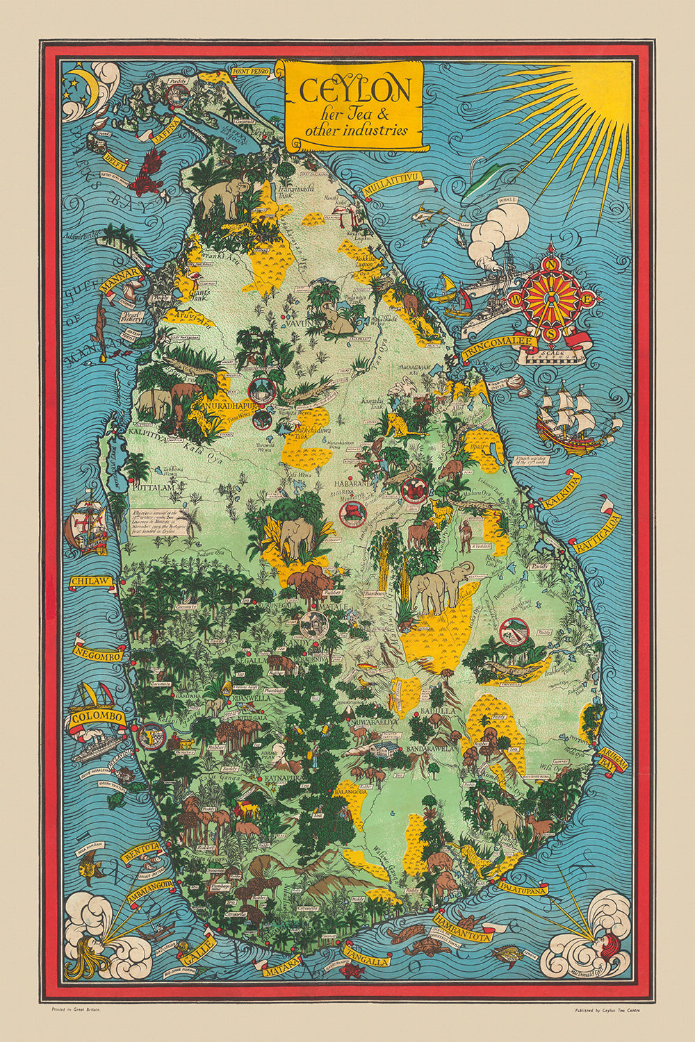 Ancienne carte picturale du Sri Lanka par Gill, 1933 : éléphants, thé, Colombo, pic d'Adam, scènes de jungle