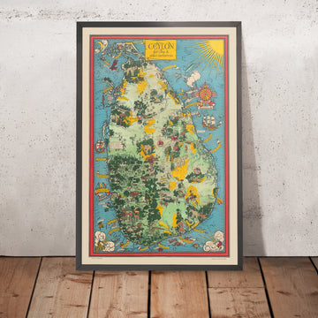 Old Pictorial Map of Ceylon (Sri Lanka) by Gill, 1933: Elephants, Tea, Colombo, Adam&