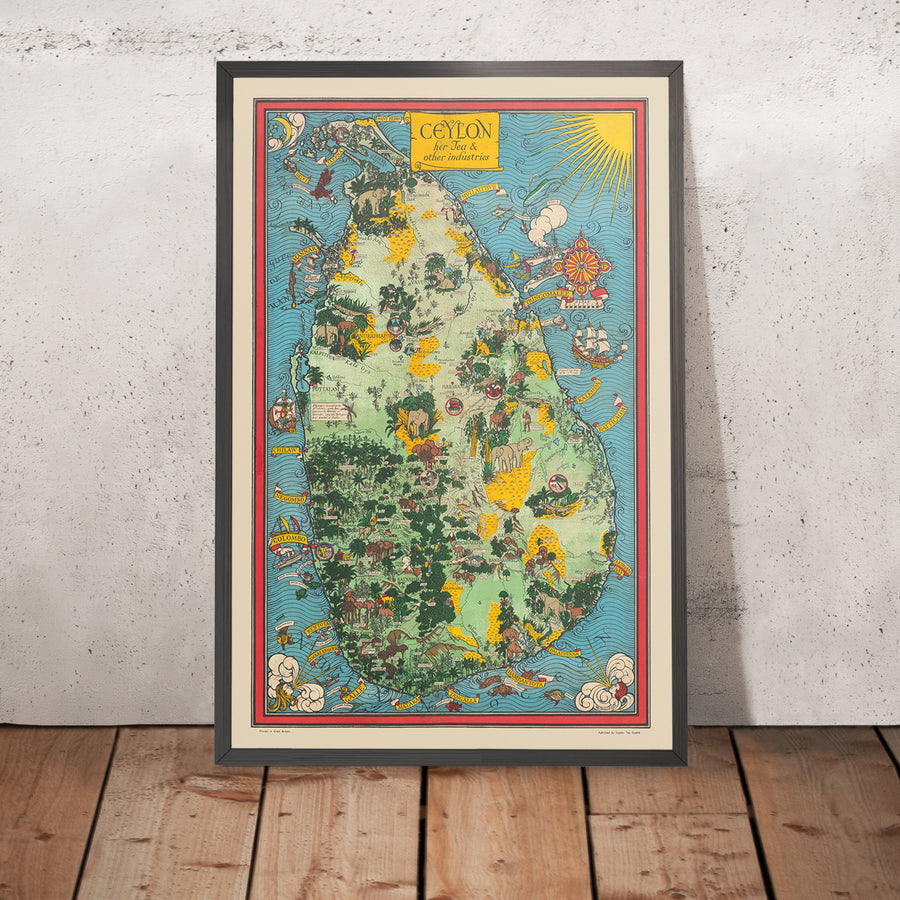Mappa Pittorica Antica di Ceylon (Sri Lanka) di Gill, 1933: Elefanti, Tè, Colombo, Picco di Adamo, Scene della Giungla 