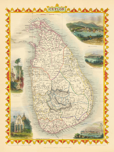 Ancienne carte du Sri Lanka par Tallis, 1851 : Colombo, Kandy, Adams Peak, Temple de Bouddha, Ruines de Dagora